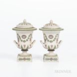 Pair of Wedgwood Tricolor Jasper Vases and Covers, England, 19th century, solid white with applied l