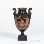 Encaustic Decorated Black Basalt Vase, England, c. 1780, leopard-head handles, iron red, black, and