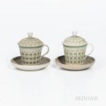 Pair of Wedgwood Tricolor Diceware Jasper Dip Cups, Covers, and Saucers, England, 19th century, appl