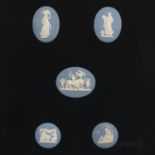 Framed Group of Five Wedgwood Solid Light Blue Jasper Medallions, England, each with applied white c