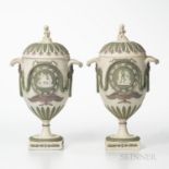 Pair of Wedgwood Tricolor Jasper Zodiac Vases and Covers, England, 19th century, each solid white wi