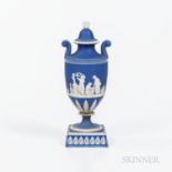 Adams Blue Jasper Vase and Cover, England, c. 1800, scrolled handles, floral finial and applied whit