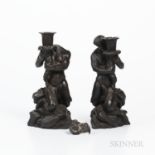 Pair of Wedgwood Black Basalt Triton Candlesticks, England, early 19th century, each molded figure h