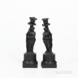 Pair of Wedgwood Black Basalt Figural Candlesticks, England, 19th century, each modeled standing and