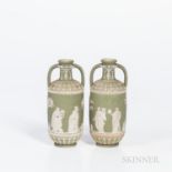 Pair of Wedgwood Tricolor Diceware Jasper Dip Bottles, England, 19th century, applied white relief t