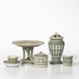 Five Wedgwood Green Jasper Dip Items, England, 19th century, each with applied white relief, a torch