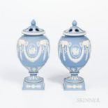 Pair of Wedgwood Solid Light Blue Jasper Potpourri Vases and Covers, England, early 20th century, ap