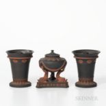 Three Wedgwood Black Basalt Items, England, 19th century, each with applied rosso antico in relief,