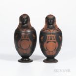 Pair of Encaustic Decorated Black Basalt Canopic Jars, England, 18th/19th century, with affixed cove