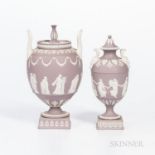 Two Wedgwood Solid Lilac Jasper Vases and Covers, England, c. 1960, each with applied white classica