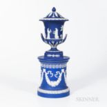 Wedgwood Dark Blue Jasper Dip Covered Vase on Drum Base, England, 19th and 20th century, applied whi