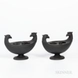 Pair of Wedgwood Black Basalt Oval Inkstands, England, 19th century, each with molded bird-head hand