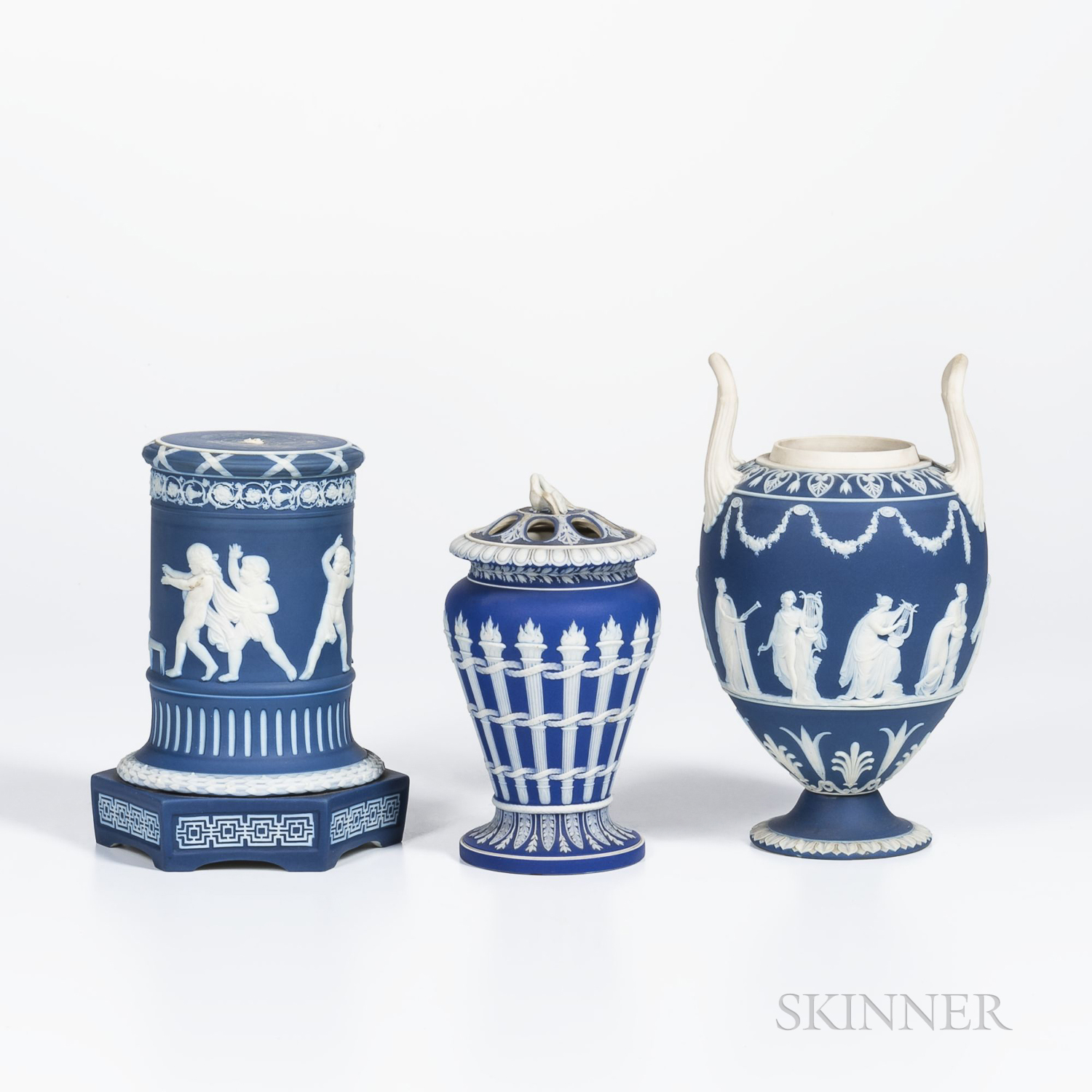 Three Wedgwood Dark Blue Jasper Dip Items, England, 19th and early 20th century, each with applied w