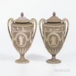 Two Wedgwood Lilac Jasper Dip Vases and Covers, England, 19th century, scrolled foliate handles, app