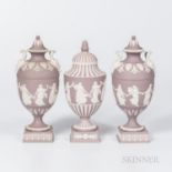 Three Wedgwood Solid Lilac Jasper Vases and Covers, England, 1960-61, each with applied white Dancin