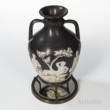 Wedgwood Bellows Polished Black Jasper Portland Vase and Stand, England, 1915, white classical figur