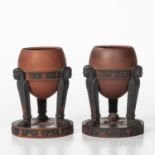 Pair of Wedgwood Rosso Antico Egyptian Tripod Vases, England, early 19th century, applied black basa