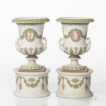 Pair of Wedgwood Tricolor Jasper Urns, England, 19th century, solid white with applied lilac, green