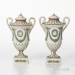 Pair of Wedgwood Tricolor Diceware Jasper Vases and Covers, England, mid-19th century, solid white w