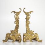 Pair of Gilt-bronze Rococo-style Chenet, France, 19th century, floral spray to a scrolled foliate bo