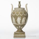 Wedgwood Green Jasper Dip Urn and Cover, England, late 19th century, ovoid shape with applied white