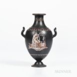 Wedgwood Encaustic Decorated Black Basalt Vase, England, 19th century, upturned loop handles, iron r