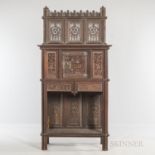 Gothic-style Carved Oak Cabinet, late 19th/early 20th century, with an upper tracery back gallery an