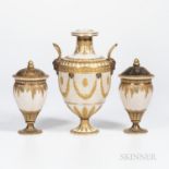 Three Wedgwood Gilded and Bronzed Queensware Vases, England, c. 1885, single with upturned loop hand