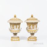 Pair of Wedgwood Yellow Jasper Dip Campana-shape Vases and Covers, England, 19th century, applied wh