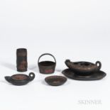 Five Wedgwood Black Basalt Items, England, 19th century, each with applied rosso antico relief, spil