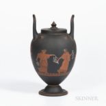 Wedgwood Encaustic Decorated Black Basalt Vase and Cover, England, 19th century, upturned loop handl