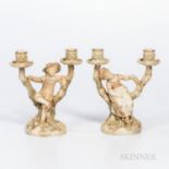 Pair of Royal Worcester Porcelain Figural Two-light Candelabra, England, 1886, each with gilt trim a