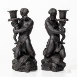 Pair of Wedgwood Black Basalt Triton Candlesticks, England, 1974, each modeled holding a cornucopia-