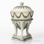 Wedgwood Tricolor Jasper Tripod Vase and Cover, England, 19th century, solid white with applied lila