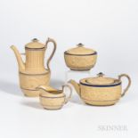 Four Turner Caneware Tea Wares, England, c. 1800, each with blue enamel trim and molded arabesque fl