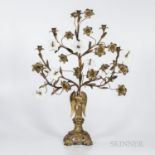 Bronze and Glass Seven-light Candelabra, 19th century, white glass and bronze flowers and leaves ado