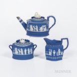 Three Adams Blue Jasper Tea Wares, England, early 19th century, each with applied white classical fi