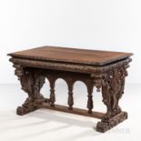 Carved Oak Library Table, late 19th/early 20th century, with figural caryatid trestle supports joine