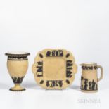 Three Wedgwood Yellow Jasper Dip Items, England, c. 1930, each with applied black jasper relief, two