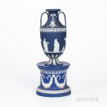 Wedgwood Dark Blue Jasper Dip Vase and Drum Base, England, 19th and 20th century, each with applied