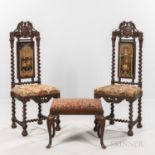 Pair of Carved Oak Side Chairs and a Footstool, late 19th/early 20th century, the chairs with a carv
