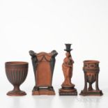Four Wedgwood Rosso Antico Items, England, 19th century, each with applied black basalt relief, a tr