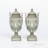 Pair of Wedgwood Green Jasper Dip Vases and Covers, England, early 20th century, applied white uptur