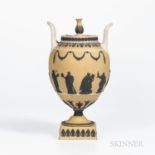 Wedgwood Yellow Jasper Dip Vase and Cover, England, c. 1930, urn finial with applied white upturned