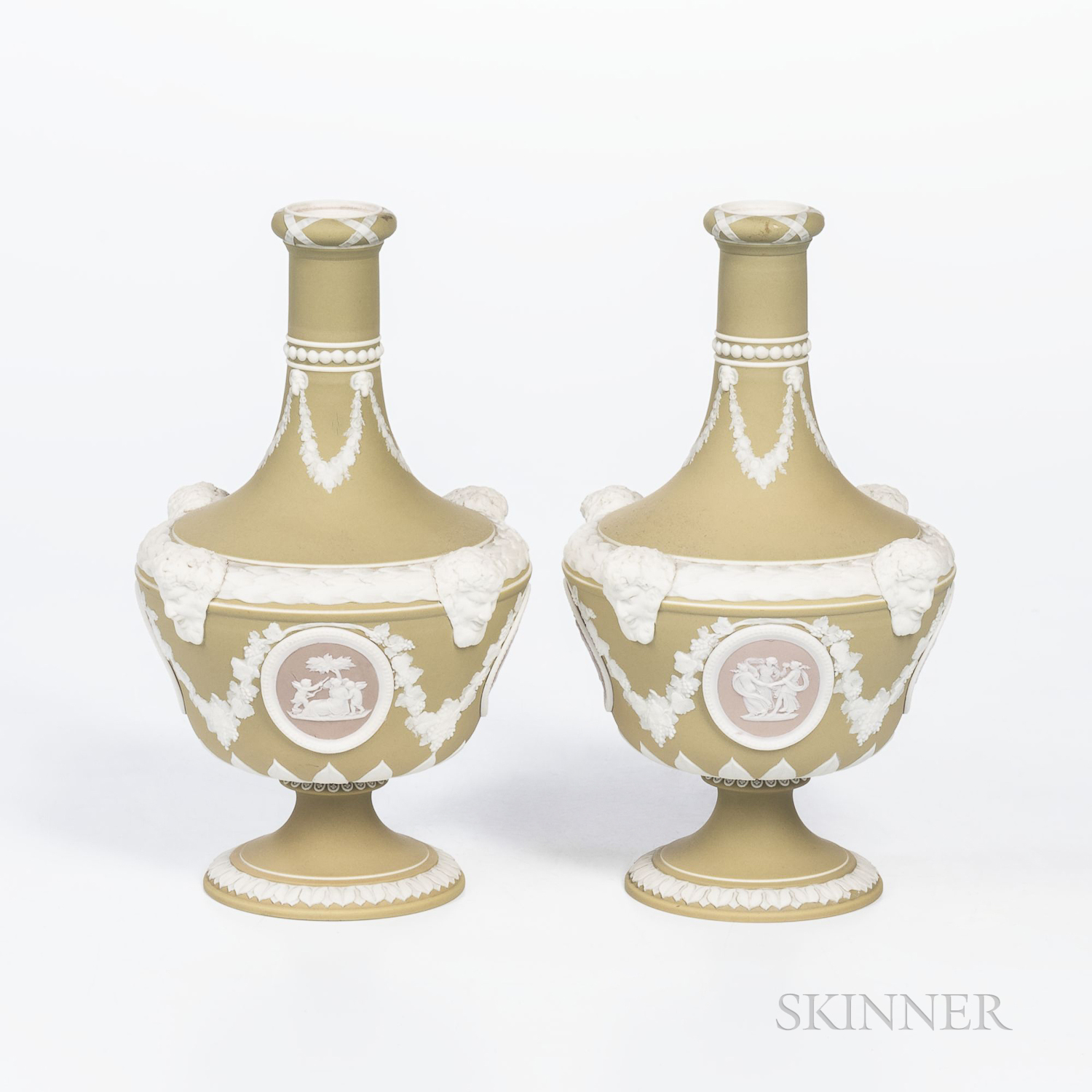 Pair of Wedgwood Tricolor Jasper Barber Bottles, England, late 19th century, green ground with lilac