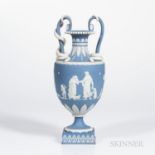Wedgwood Solid Blue Snake-handled Vase, England, late 18th century, applied white classical figures