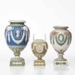 Three Wedgwood Tricolor Jasper Dip Vases, England, 19th/20th century, each with classical relief, a