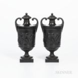 Pair of Wedgwood & Bentley Black Basalt Vases, England, c. 1780, each with scrolled handles and gadr