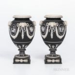 Pair of Wedgwood Black Jasper Dip Vases, England, mid-19th century, each with applied white classica