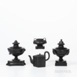 Four Wedgwood Black Basalt Items, England, 18th century, an inkpot sander, with two loop handles to